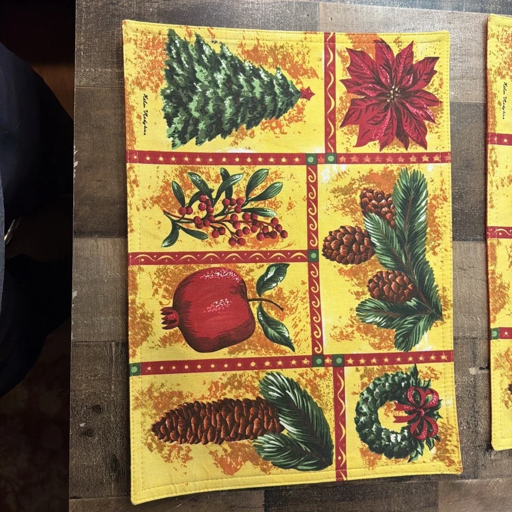 Vintage Helen Vladykina Christmas Linen Placemats Set of 4 Festive Botanical Art